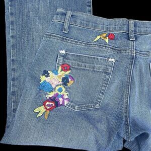 R4R Rave Floral Embroidered Cropped Wider Leg Straight Jeans Sz 32/15 Hippie‎